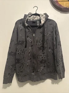 Y2K AC/DC Rockwave Full Zip All Over Print Gray Hoodie Size M - Picture 1 of 6