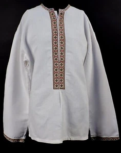 ETHNIC 19TH C MEN’S FINEST WHITE LINEN SHIRT W HAND NEEDLEWORK DETAIL  - Picture 1 of 6