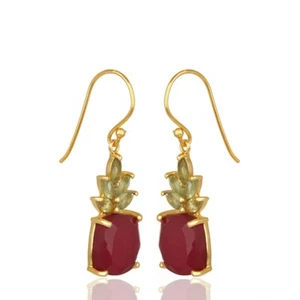 Natural Multi Gemstone Gold Plated Earring Jewelry With Peridot & Ruby - Picture 1 of 5