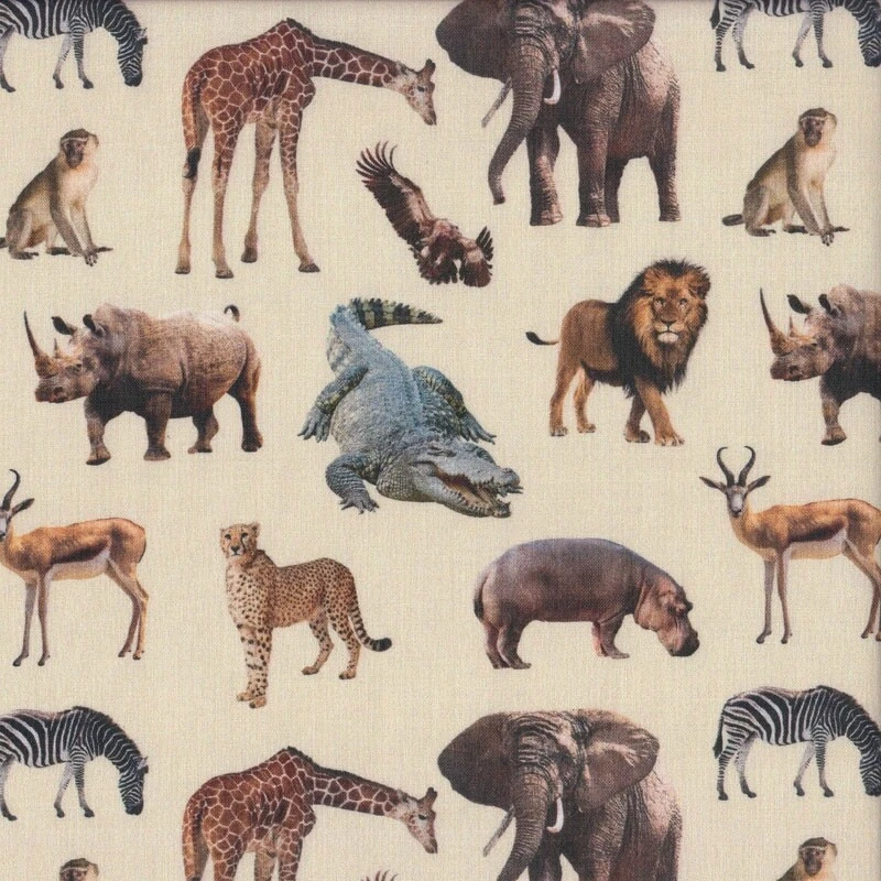 NEW Wildlife Elephant Monkey Cheetah on Cream African Safari Quilting Fabric 1/2 - image 1 of 1