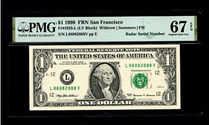 1999 $1 FRN San Francisco Rad Serial Number L88882888V PMG GEM UNC 67 EPQ - Picture 1 of 2