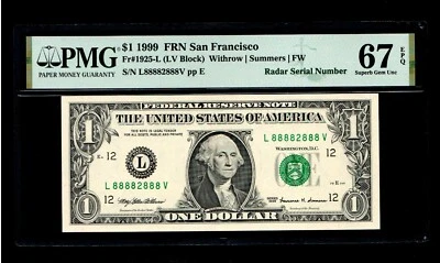 1999 $1 FRN San Francisco Rad Serial Number L88882888V PMG GEM UNC 67 EPQ - Image 1 of 2