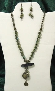 Handcrafted Necklace and Earring Set One Of A Kind Bohemian mixed media 30" - Picture 1 of 4