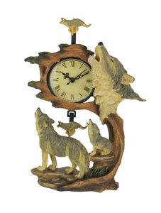 Howling Wolf Family Hand Painted Pendulum Table Mantel Clock - Picture 1 of 4