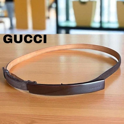 GUCCI 75/30 037 1046 1133 Metal Buckle Narrow Leather Belt, Brown Suede-like - Image 1 of 4