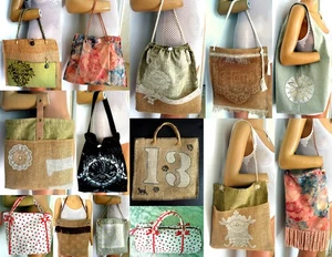 Unique handmade purses, bags, pouches from burlap, fabric and vinyl, some lined - Picture 1 of 65