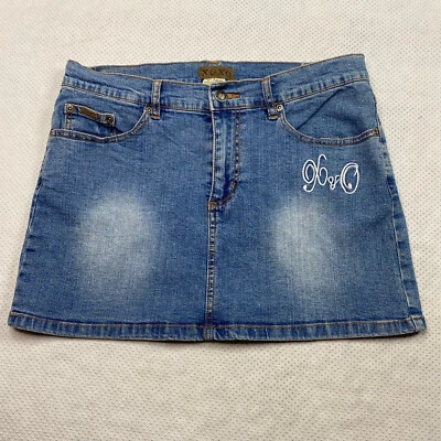 Falda XOXO Juniors Talla 9/10 Mediana Envejecida Denim Bordada Logo Elástica  Foto 1 de 4