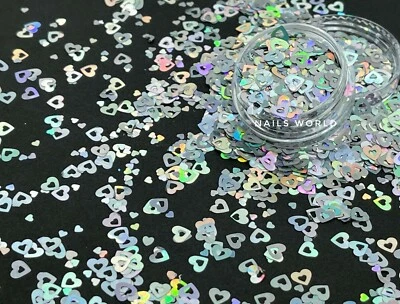 NAILS WORLD H12. Silver Hollow HEART Nail Art Holographic 3D 4mm Glitter Valentines Love UK
