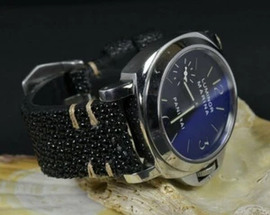 CORREA RELOJ GENUINA PIEL PEZ RAYA NEGRO BEIGE HECHA MANO APTA PANERAI MA STRAP - Picture 1 of 12