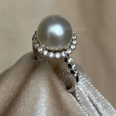 Anillo de boda genuino real de perlas de Southsea de 10 mm grado AA plata 925 halo nuevo Foto 1 de 4