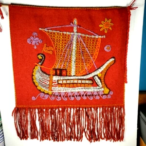 1970s Viking Scandinavian Wool Yarn Art Embroidery Finished Wall Hanging vintage - Picture 1 of 11