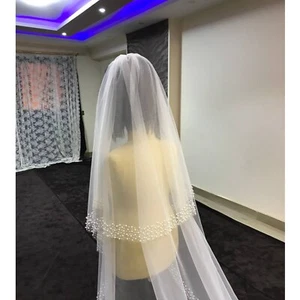 Bridal Veil 2 Layers blusher with pearls edge trim for bride - Picture 1 of 6