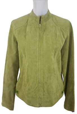 Chaqueta de gamuza con cremallera verde tallada con volantes ~ para mujer talla L~, forrada. Foto 1 de 4