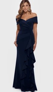 Vestido de Noche Xscape Azul Marino Ava Fuera del Hombro Volantes Laterales Talla 14 $288 - Imagen 1 de 2