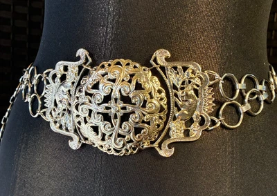 CINTURÓN CADENA GATO RODILLO MEDIEVAL ORNAMENTADO 26-34 Ajuste MEDIANO Tono Plata Eslabón METAL Foto 1 de 4