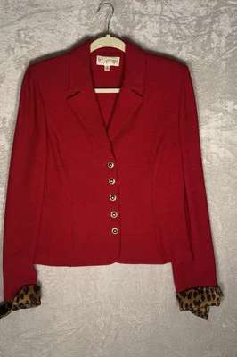 Chaqueta Tejida Colección St John | Talla 8 | Roja Con Puños Extraíbles Estampado Leopardo Foto 1 de 4