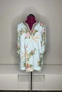 Top túnica Soft Surroundings para mujer mediano floral aqua manga 3/4 - Imagen 1 de 8