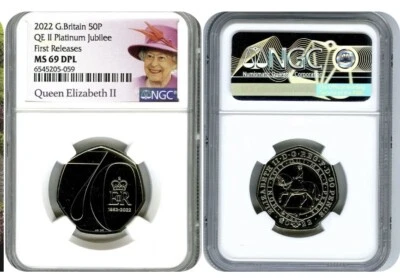 2022 GREAT BRITAIN 50P NGC MS69 DPL QEII QUEEN ELIZABETH PLATINUM JUBILEE FR - Image 1 of 3
