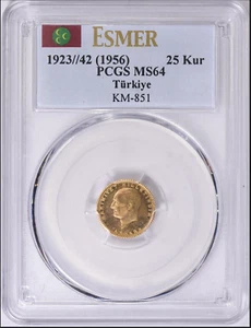 PCGS TopPop! 1923/42 (1956) Turkey 25 Kurush Gold Coin PCGS MS64 UNC, Esmer col. - Picture 1 of 2