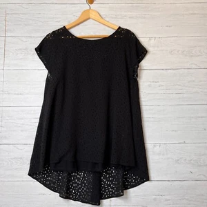 Top donna Eileen Fisher taglia S/P nero 100% seta taglio laser cappuccio maniche naturale - Foto 1 di 16