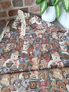 Vintage Woven Tapestry Fringe  Blanket Throw Cover Teddy Bear  100% Heavy Cotton