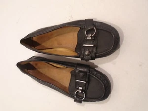 Coach Leather Black  Shoes Loafers  Size 10B Logo on metal Button front strap - Picture 1 of 5