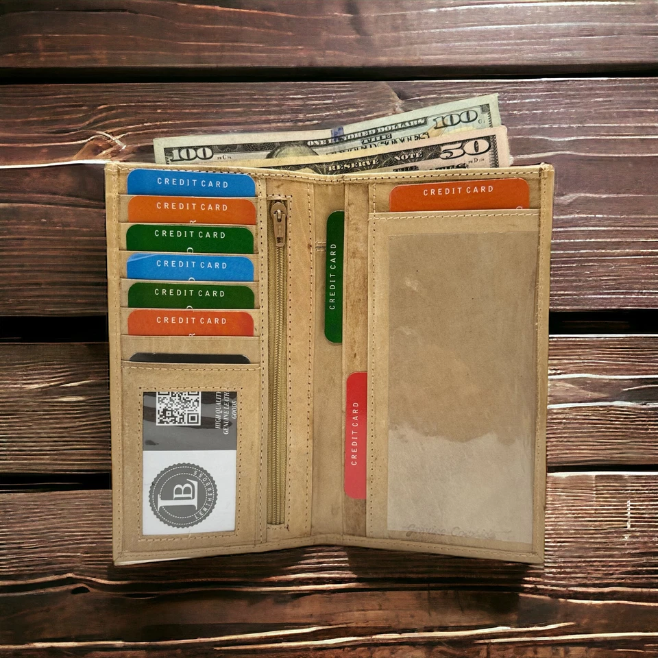 Cubierta de chequera de cuero RFID con ranuras para tarjetas de crédito y soporte para bolígrafo Foto 1 de 4