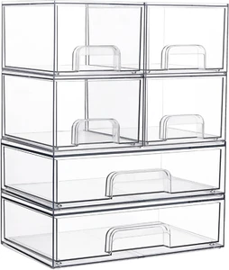 Stackable Storage Drawers Set of 6, Clear Plastic Organizer Bins for Bathroom Su - Picture 1 of 12