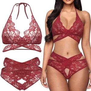 Women's Sexy-Lingerie Lace Bralette Bra and Panty Set Strappy Babydoll Underwear - Picture 1 of 20