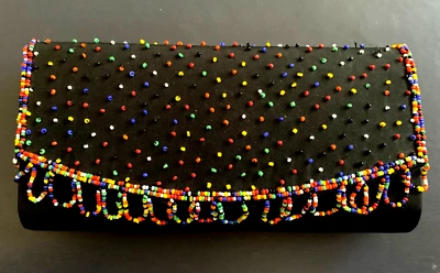 SASHA NEW YORK - BLACK SATIN w COLOR BEADS CLUTCH SHOULDER PURSE - Image 1 of 4