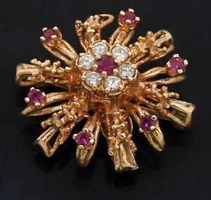 Vintage 14K yellow gold 0.79Ct diamond & ruby flower brooch/pendant