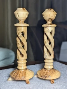 Pair Hand Carved Whalen Woods Wooden Spiral Twist Candlesticks 9" Taper Candles  - Picture 1 of 14