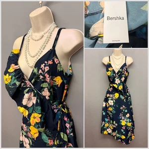 NEW BERSHKA Navy Floral Strappy Wrap Dress Small - Picture 1 of 11