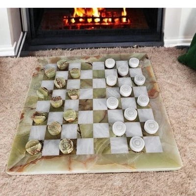 Onyx green checkers set with storage box, 12" board handmade set green and white - Image 1 of 4