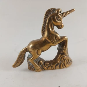 Statuina unicorno ottone massiccio vintage miniatura mitica decorazione celeste 2,5" - Foto 1 di 7