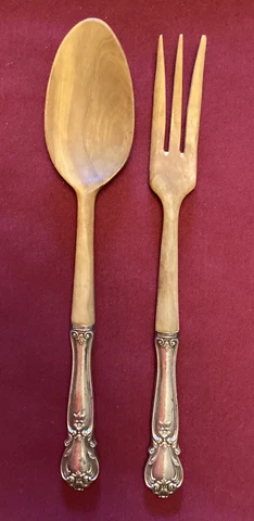 WEB Co Sterling Handle  2 pc Wood Salad Set Serving Fork Spoon Ancestry Pattern Cover