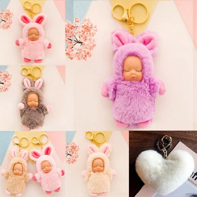 Boneca bebê coelho peludo chaveiro bolsa mochila decoração bolsa presente grátis - Imagem 1 de 4
