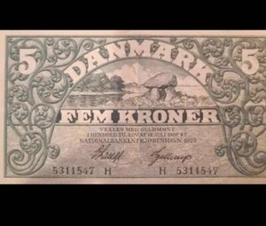 Denmark Paper Bank Note - 5 Kroner 1929 (Extremely Rare) Excellent condition UNC - Picture 1 of 2