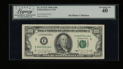 DBR 1990 $100 FRN Richmond Fr. 2173-E Legacy XF-40 Serial E90270418A - Image 1 of 2