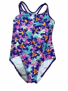 Speedo Blue Purple Aqua One Piece Swimsuit Bathing Suit Racer Back Girls Size12 - Picture 1 of 6