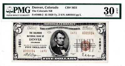 $5 1929 T2 National DENVER Colorado CO 🇺🇸 PMG 30 EPQ Very Fine! 🇺🇸 - Image 1 of 2