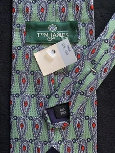 Tom James Seidenkrawatte Vintage Mintgrün Rot Paisley Blockprint New Old Stock - Bild 1 von 9