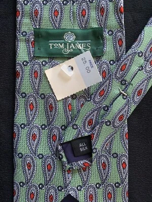 Corbata de Seda Tom James Vintage Verde Menta Rojo Paisley Estampado en Bloque Nuevo Antiguo Stock Foto 1 de 4