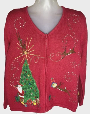Kim Rogers Cardigan Sweater Women XL Vtg  Christmas Tree Santa Beads Rhinestones - Image 1 of 4