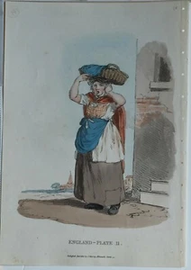 1813 DATED PRINT ENGLAND BILLINSGATE FISH WOMAN + DESCRIPTIVE TEXT PAGE - Picture 1 of 3