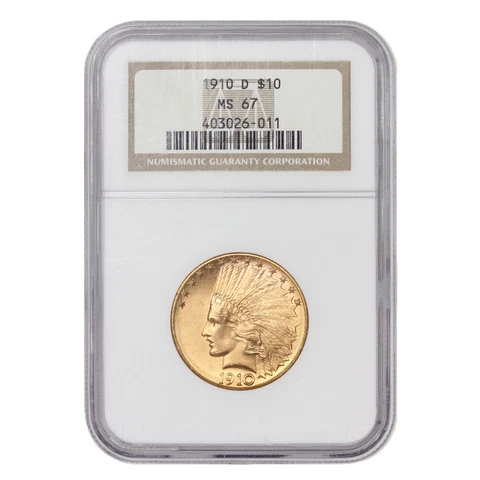 1910-D $10 Indian Head NGC MS67 Gem graded Denver Gold TIED FOR FINEST Eagle Cover