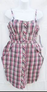 QUIKSILVER BEIGE PLAID MULTI COTTON SLEEVELESS CASUAL KNEE MINI SUNDRESS S L NEW - Picture 1 of 5