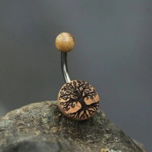 14G OLIVE WOOD TREE OF LIFE BELLY RING 1.6MM NAVAL BAR BOHO ORGANIC JEWELRY - Picture 1 of 3