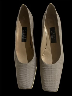 Zapato Stuart Weitzman para mujer talla 8,5 tejido tacón bloque dorado punta cuadrada Foto 1 de 4
