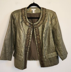 Chicos Womens Jacket Collarless Blazer 100% linen Metallic Gold 3/4 Sleeve Sz 2 - Picture 1 of 6